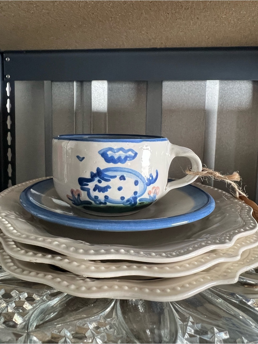 Hand-Painted Blue and White Ceramic Mug with Saucer - Floral Motif